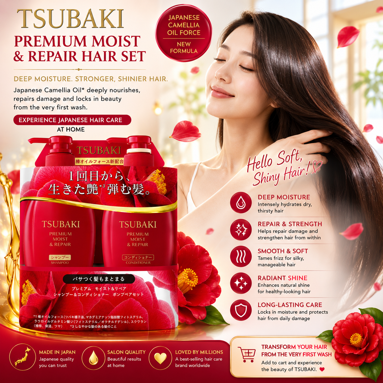 SHISEIDO TSUBAKI Premium Moist & Repair Hair Set results infographic for dry damaged frizzy dull and flat hair with shiny smooth results
