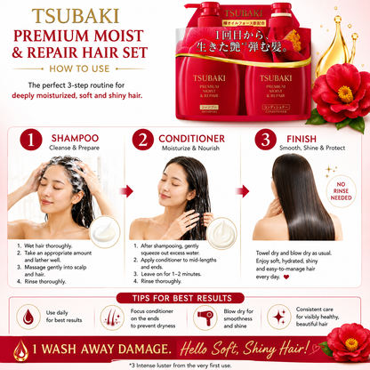 SHISEIDO TSUBAKI Premium Moist & Repair Hair Set how to use infographic showing shampoo conditioner and daily hair care routine