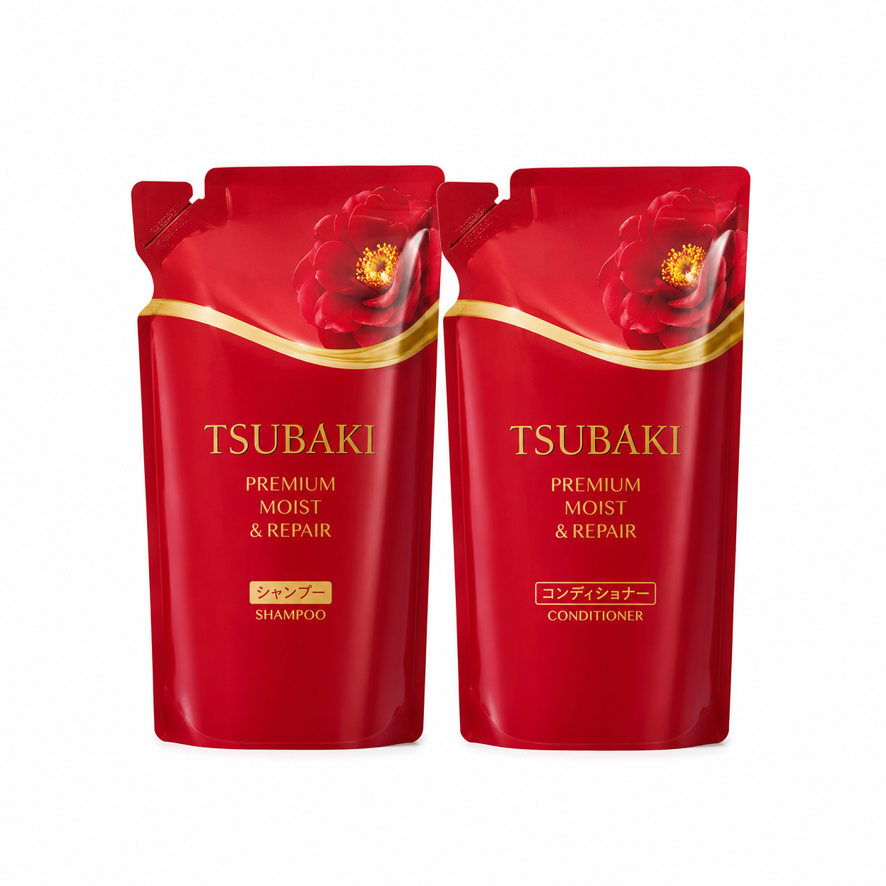 Two red Tsubaki shampoo and conditioner packages on a white background