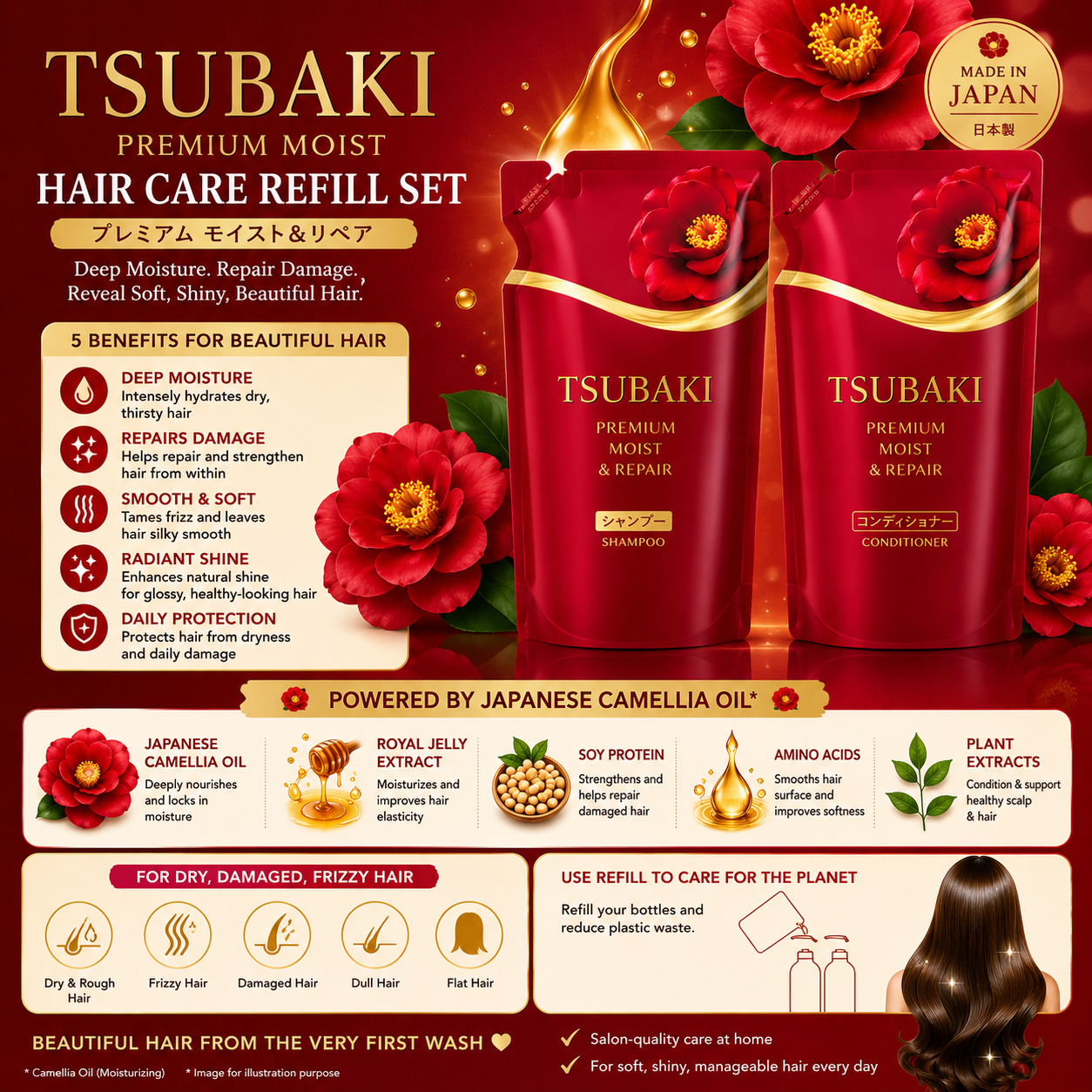 TSUBAKI Premium Moist & Repair refill hair care set benefits infographic with camellia oil and damage repair features