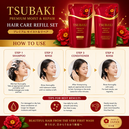 How to use TSUBAKI Premium Moist & Repair shampoo and conditioner refill set for soft shiny hair