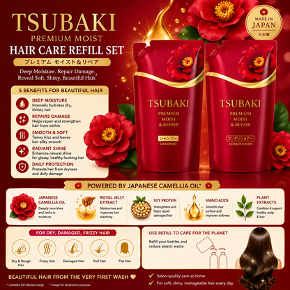 TSUBAKI Premium Moist & Repair refill set key ingredients including Japanese camellia oil, royal jelly extract, soy protein and amino acids