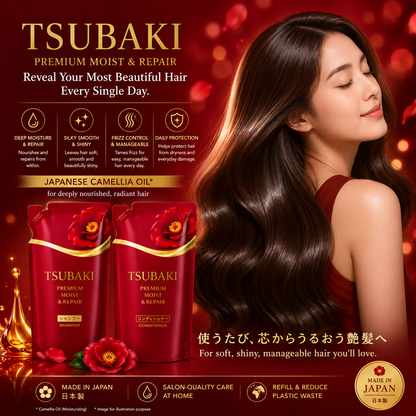 Woman with glossy shiny hair using TSUBAKI Premium Moist & Repair refill hair care set with Japanese camellia oil