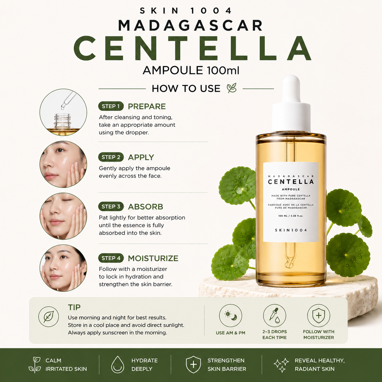 Infographic routine chart explaining how to use the 100ml SKIN1004 Madagascar Centella Ampoule in a 4-step process of preparing, applying, absorbing, and moisturizing.