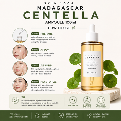 Infographic routine chart explaining how to use the 100ml SKIN1004 Madagascar Centella Ampoule in a 4-step process of preparing, applying, absorbing, and moisturizing.
