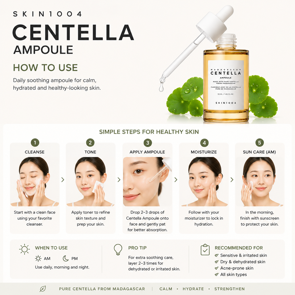 Infographic routine chart explaining how to use SKIN1004 Centella Ampoule in a 5-step skincare order: cleanse, tone, apply ampoule, moisturize, and sun care.