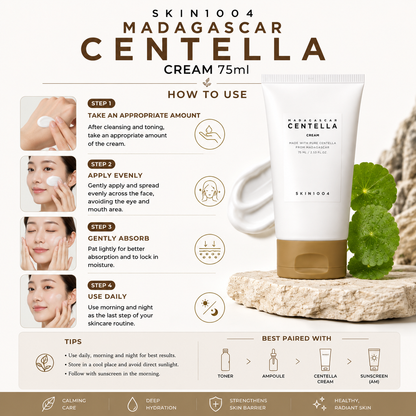 Step-by-step skincare routine infographic explaining how to apply SKIN1004 Madagascar Centella Cream 75ml in four steps.
