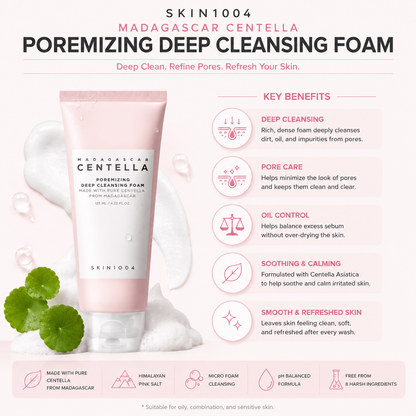 Infographic displaying the key benefits of SKIN1004 Madagascar Centella Poremizing Deep Cleansing Foam, including deep pore cleansing, oil control, and skin soothing.