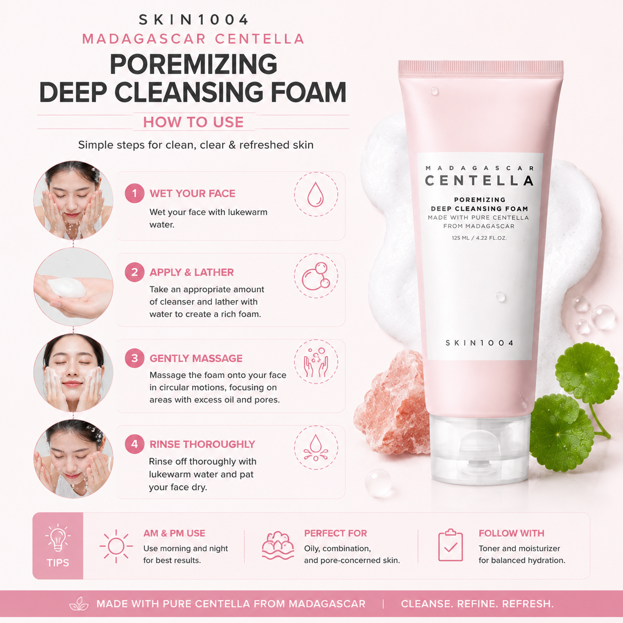 Step-by-step skincare routine infographic explaining how to use the SKIN1004 Madagascar Centella Poremizing Deep Cleansing Foam.