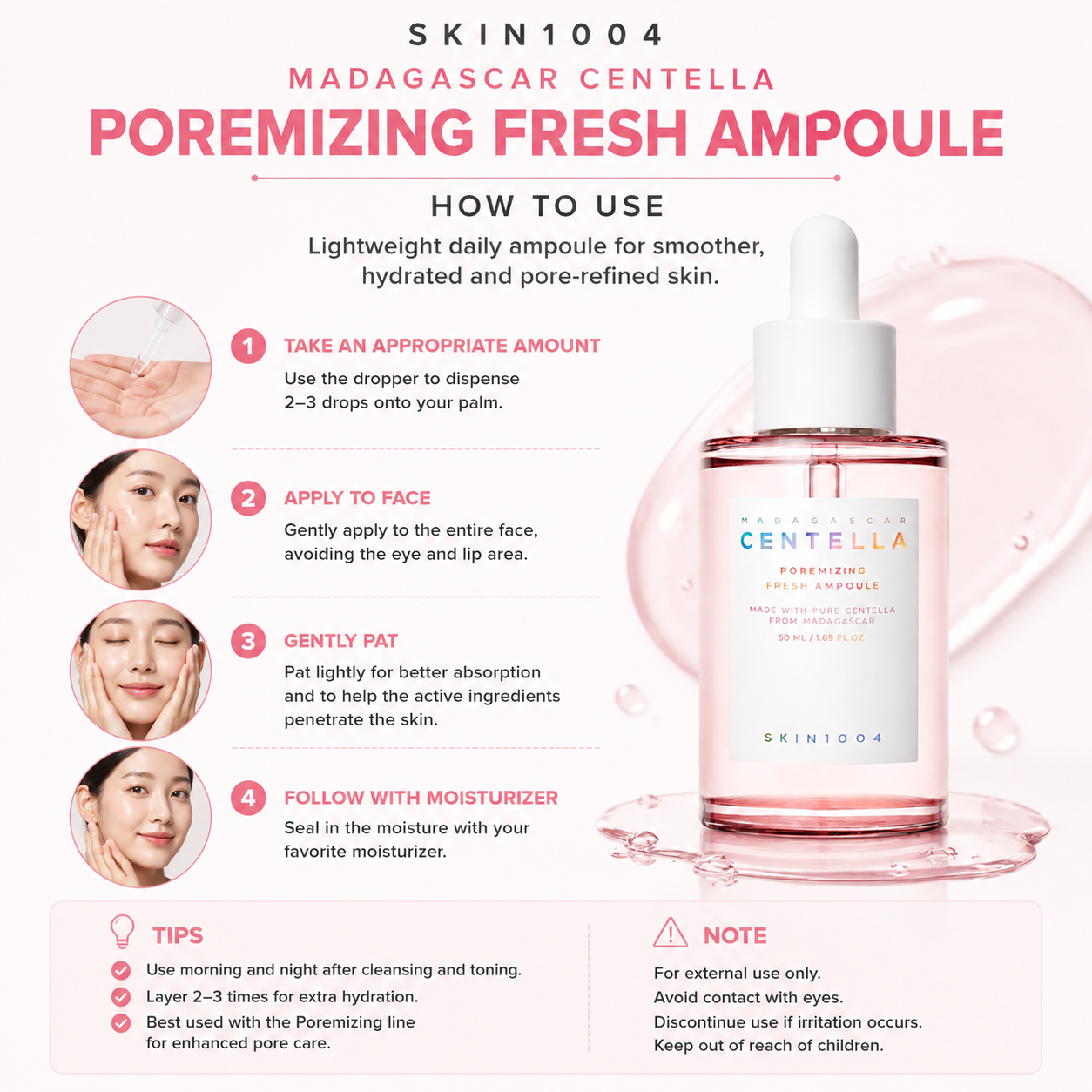 Step-by-step skincare routine infographic explaining how to use the SKIN1004 Madagascar Centella Poremizing Fresh Ampoule.