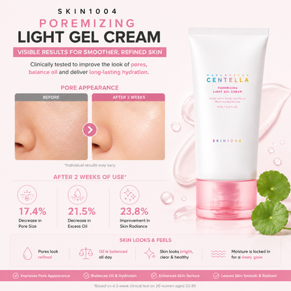 Infographic displaying 2-week clinical study test results and customer skin improvements for SKIN1004 Madagascar Centella Poremizing Light Gel Cream.