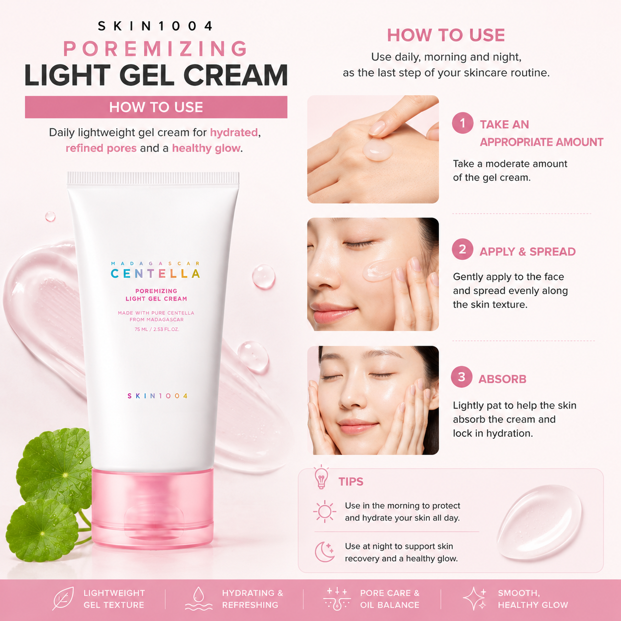 Step-by-step skincare routine infographic explaining how to use the SKIN1004 Madagascar Centella Poremizing Light Gel Cream.