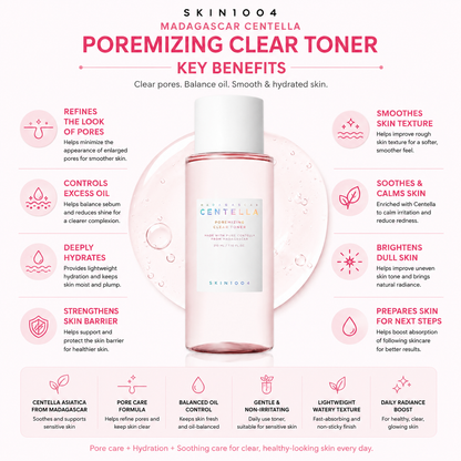 An educational infographic for SKIN1004 Madagascar Centella Poremizing Clear Toner highlighting eight key benefits including pore refinement, excess oil control, deep hydration, and skin barrier strengthening, displayed around a central product bottle.