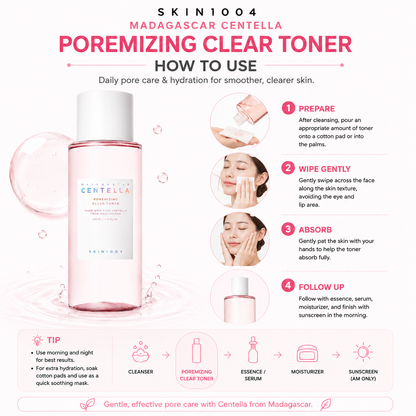 A step-by-step application infographic for SKIN1004 Madagascar Centella Poremizing Clear Toner outlining a four-step routine: prepare, wipe gently, absorb, and follow up, complete with a skincare order diagram at the bottom.