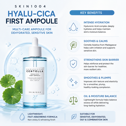 An educational infographic for SKIN1004 Madagascar Centella Hyalu-Cica First Ampoule highlighting key benefits including intense hydration, soothing and calming, skin barrier strengthening, smoothing and plumping, and oil-moisture balance, displayed around a central product bottle.