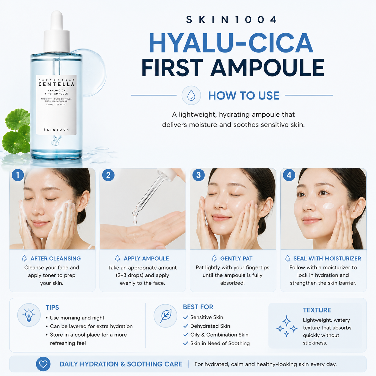 A step-by-step skincare infographic for SKIN1004 Madagascar Centella Hyalu-Cica First Ampoule outlining a 4-step routine: prepare skin after cleansing, apply ampoule drops, gently pat until absorbed, and seal with a moisturizer, accompanied by application tips and texture descriptions at the bottom.