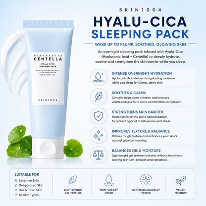 An educational infographic for SKIN1004 Madagascar Centella Hyalu-Cica Sleeping Pack highlighting five key benefits including intense overnight hydration, soothing, and skin barrier strengthening, displayed next to the product tube and a texture swatch.