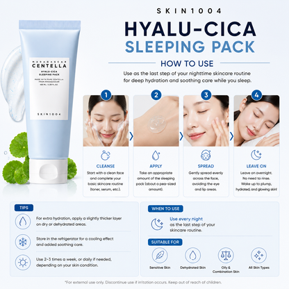 A step-by-step skincare infographic for SKIN1004 Madagascar Centella Hyalu-Cica Sleeping Pack detailing a 4-step routine: cleanse, apply, spread, and leave on, with a tips and application frequency section at the bottom.