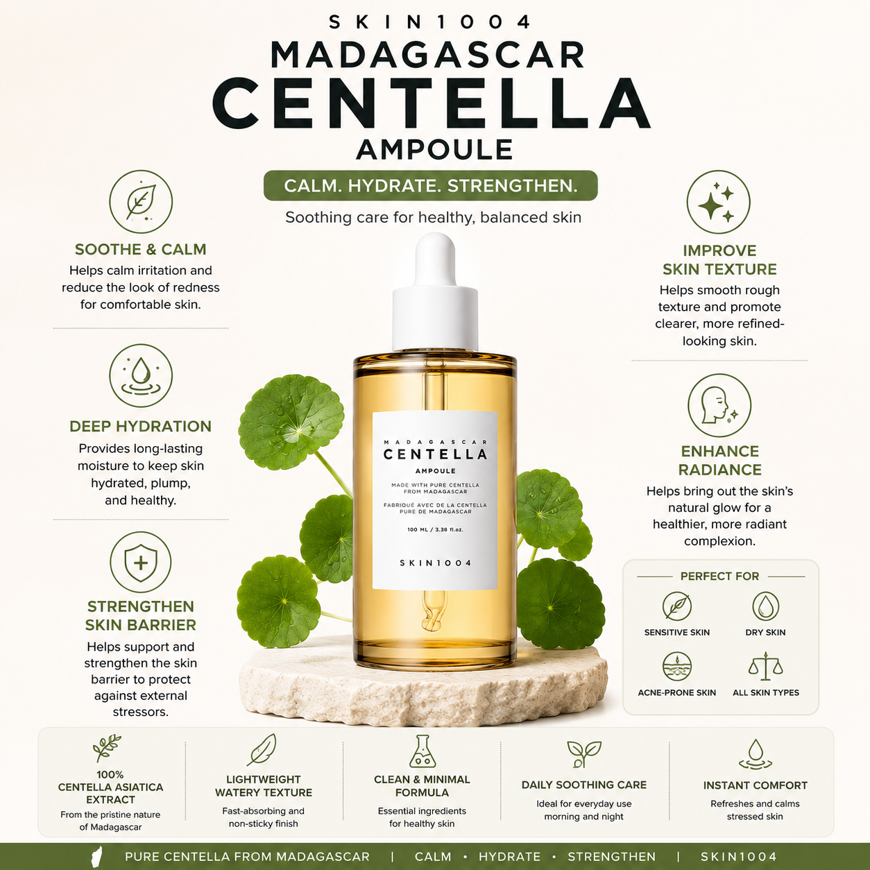 Infographic displaying the main benefits of SKIN1004 Madagascar Centella Ampoule 100ml, including soothening, hydrating, and barrier-strengthening.