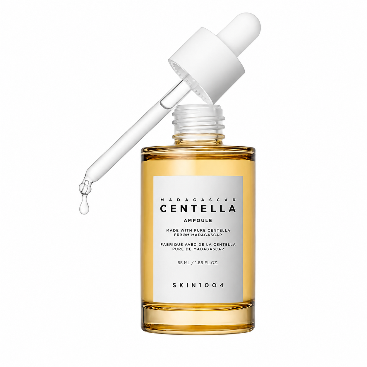 SKIN1004 Madagascar Centella Ampoule 55ml bottle with an open dropper showing the clear serum fluid against a white background.