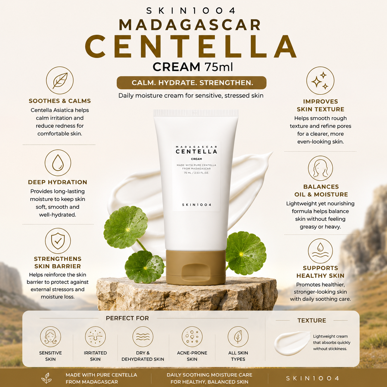 Infographic displaying the main benefits of SKIN1004 Madagascar Centella Cream 75ml, including soothing, deep hydration, and skin barrier strengthening.
