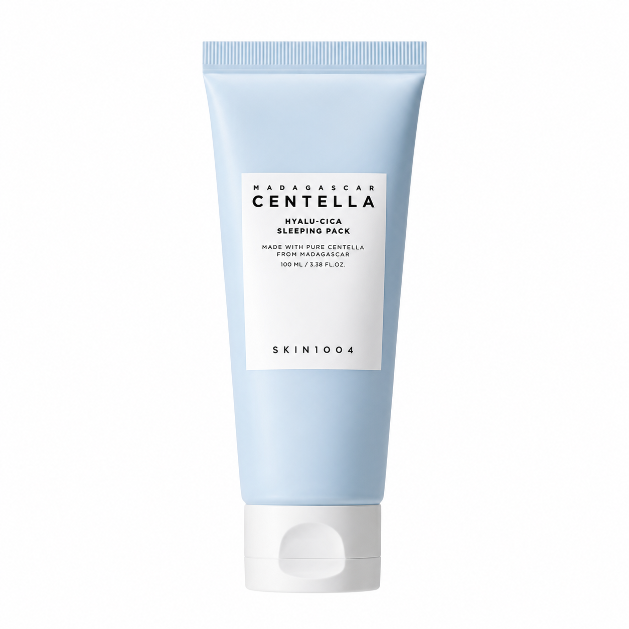 A light blue squeeze tube of SKIN1004 Madagascar Centella Hyalu-Cica Sleeping Pack featuring a white cap and a minimalist white label.