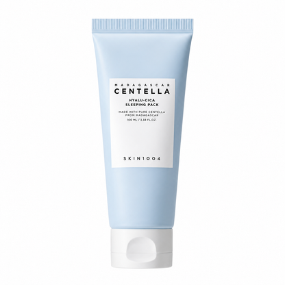 A light blue squeeze tube of SKIN1004 Madagascar Centella Hyalu-Cica Sleeping Pack featuring a white cap and a minimalist white label.