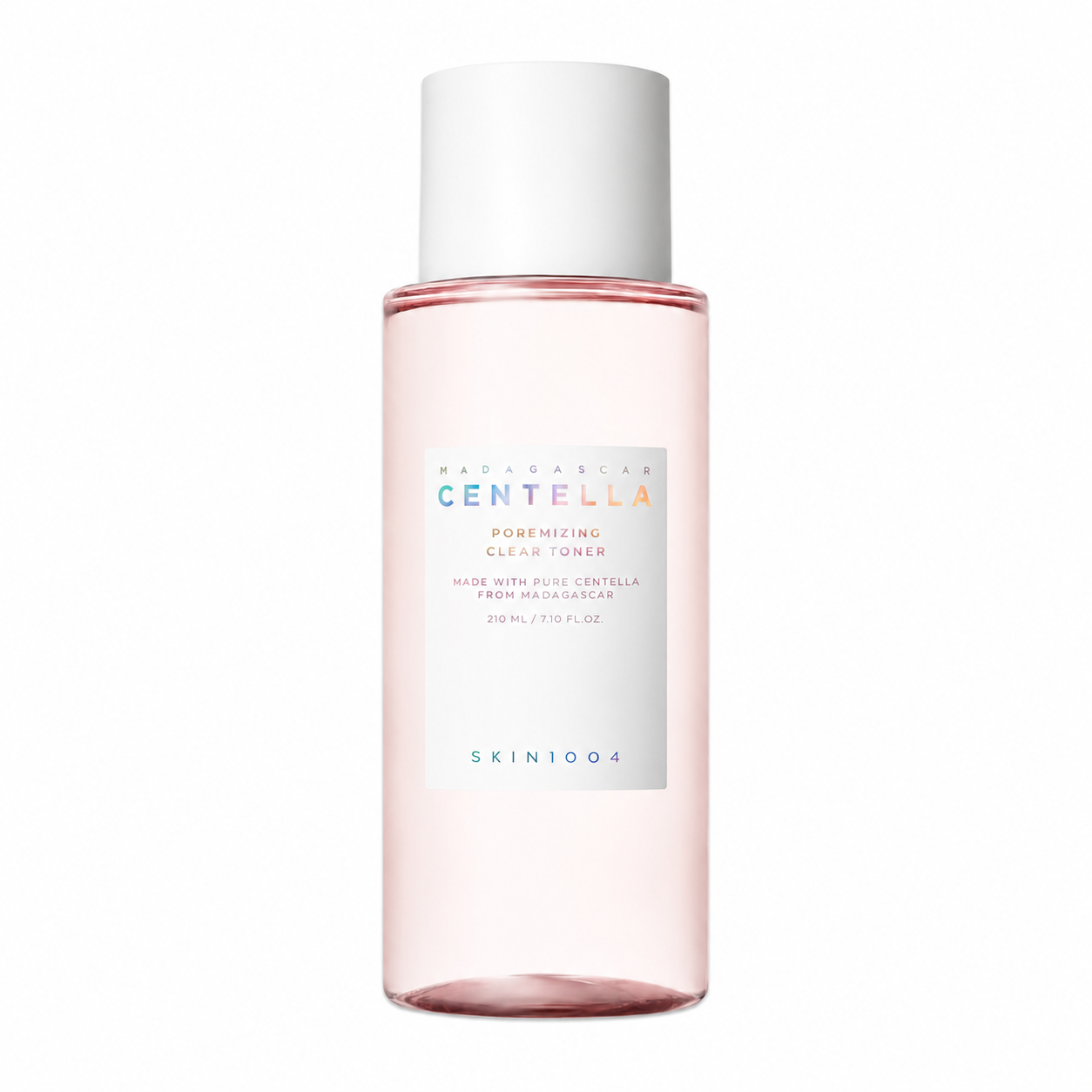 A clear bottle of SKIN1004 Madagascar Centella Poremizing Clear Toner filled with a light pink liquid, featuring a white cap and a minimalist white label.