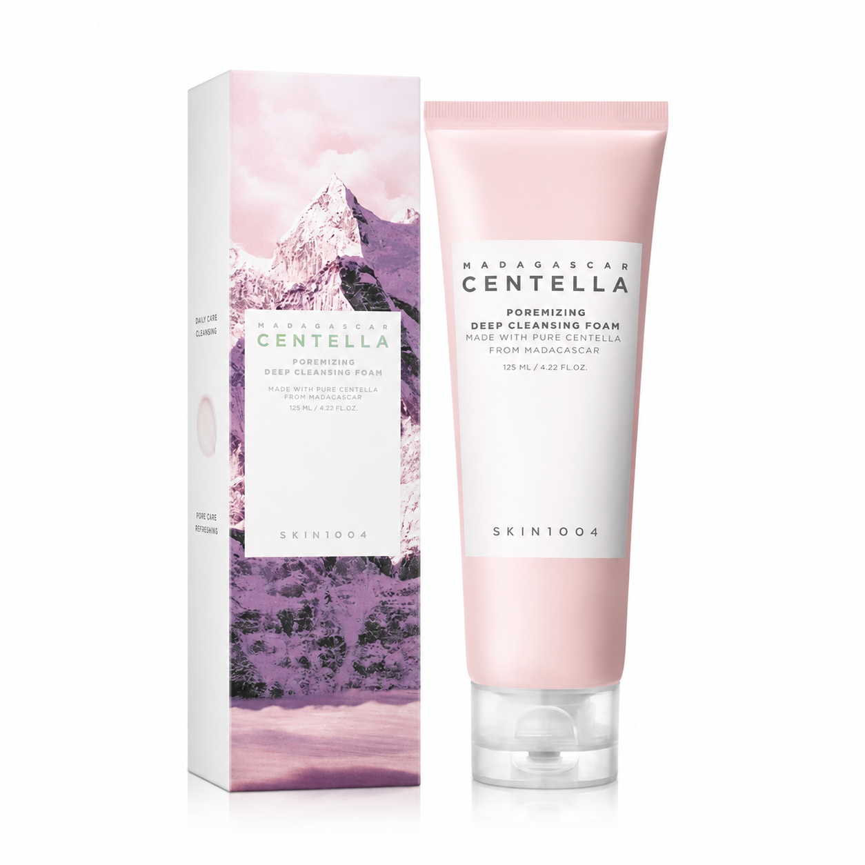 SKIN1004 Madagascar Centella Poremizing Deep Cleansing Foam 125ml pink squeeze tube next to its mountain-themed packaging box against a white background.
