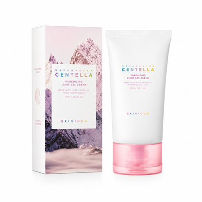 SKIN1004 Madagascar Centella Poremizing Light Gel Cream 75ml squeeze tube with its pink mountain packaging box against a white background.