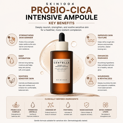 SKIN1004 Madagascar Centella Probio-Cica Intensive Ampoule infographic showcasing key benefits like skin barrier strengthening, hydration, soothing, texture improvement, radiance, and clinically inspired ingredients.