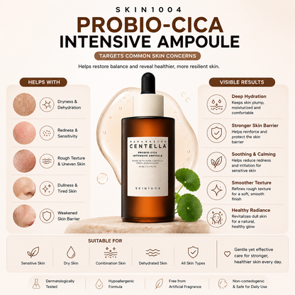 SKIN1004 Madagascar Centella Probio-Cica Intensive Ampoule skin concerns infographic showing it helps with dryness, redness, rough texture, dullness, and a weakened skin barrier.