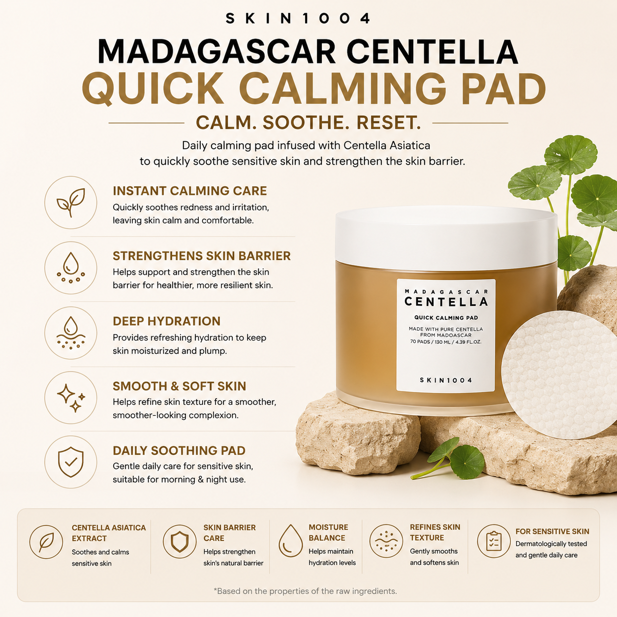 SKIN1004 Madagascar Centella Quick Calming Pad product benefits infographic highlighting instant calming care, skin barrier strengthening, deep hydration, smooth and soft skin, and daily soothing properties.