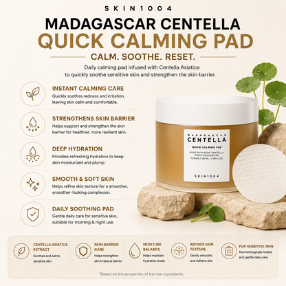 SKIN1004 Madagascar Centella Quick Calming Pad product benefits infographic highlighting instant calming care, skin barrier strengthening, deep hydration, smooth and soft skin, and daily soothing properties.