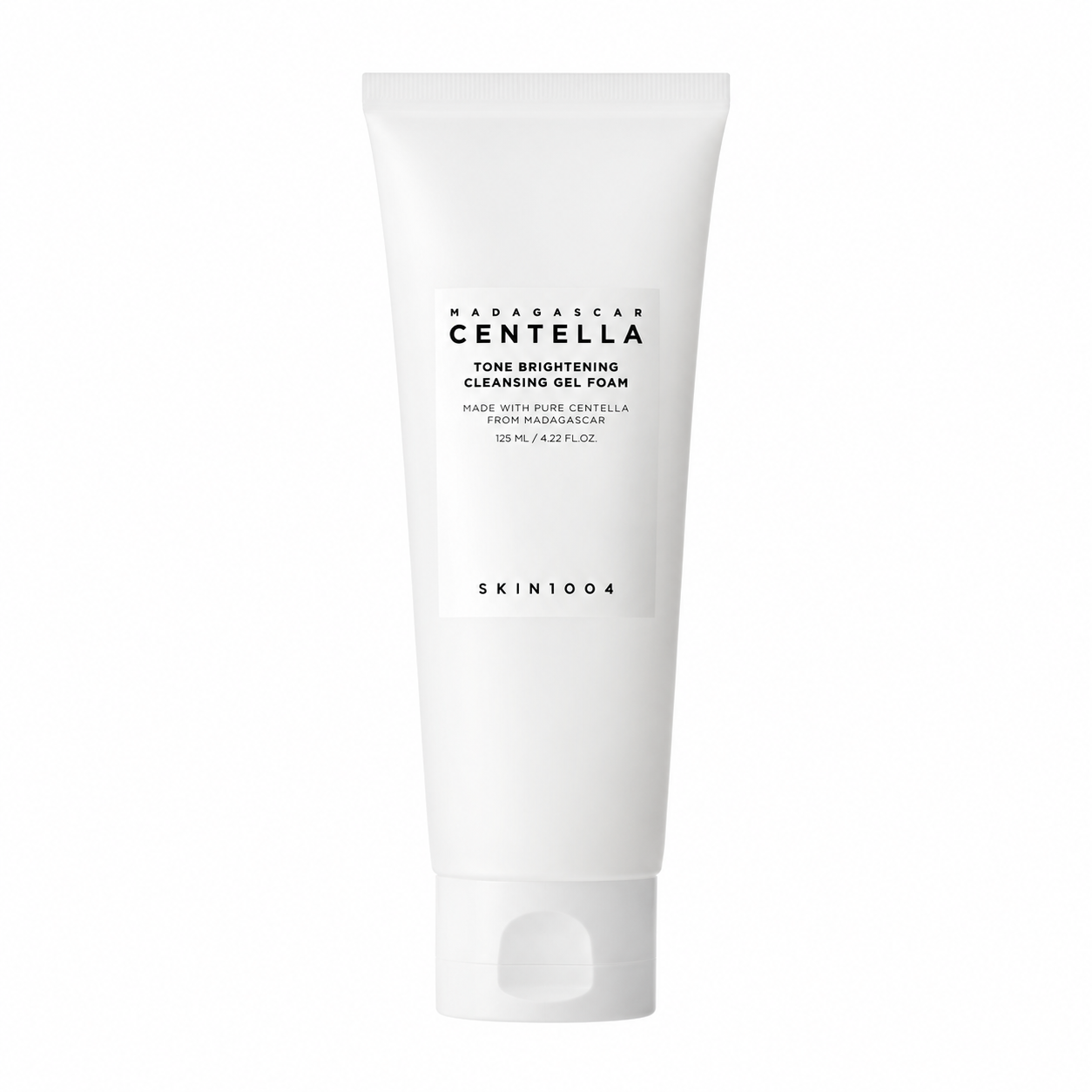 A white squeeze tube of SKIN1004 Madagascar Centella Tone Brightening Cleansing Gel Foam against a solid white background.