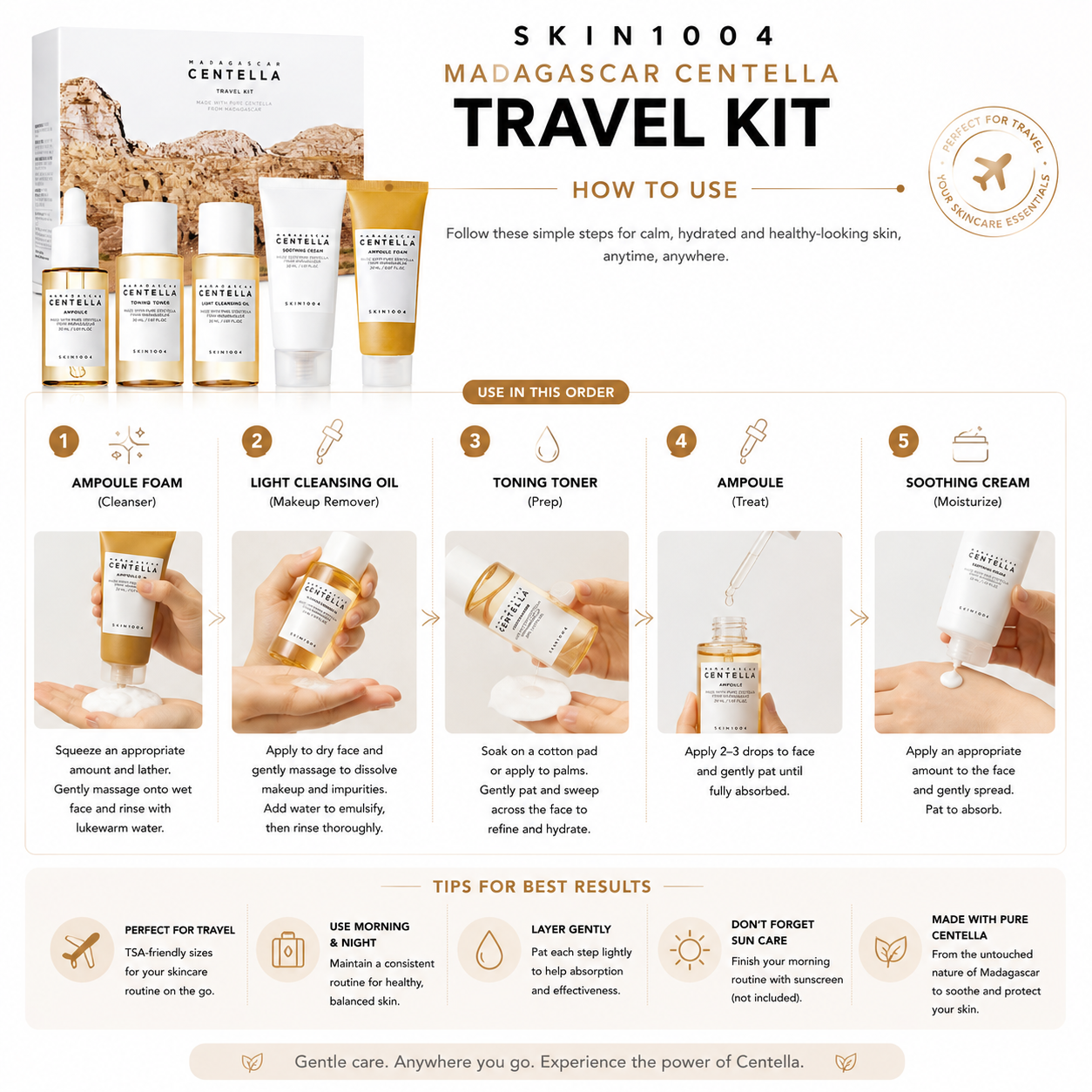 A step-by-step application infographic for the SKIN1004 Madagascar Centella Travel Kit illustrating a 5-step skincare routine order: ampoule foam cleanser, light cleansing oil, toning toner, ampoule treat, and soothing cream moisturizer, followed by tips for best results at the bottom.