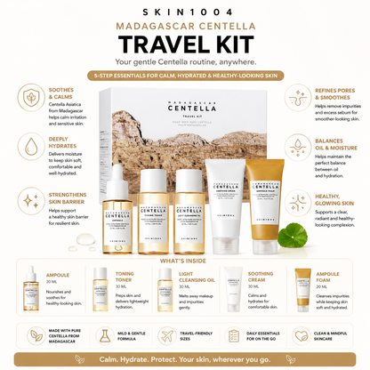 An educational infographic for the SKIN1004 Madagascar Centella Travel Kit detailing a 5-step gentle routine with key skin benefits like soothing, hydration, and oil balance, alongside a "What's Inside" product breakdown at the bottom.