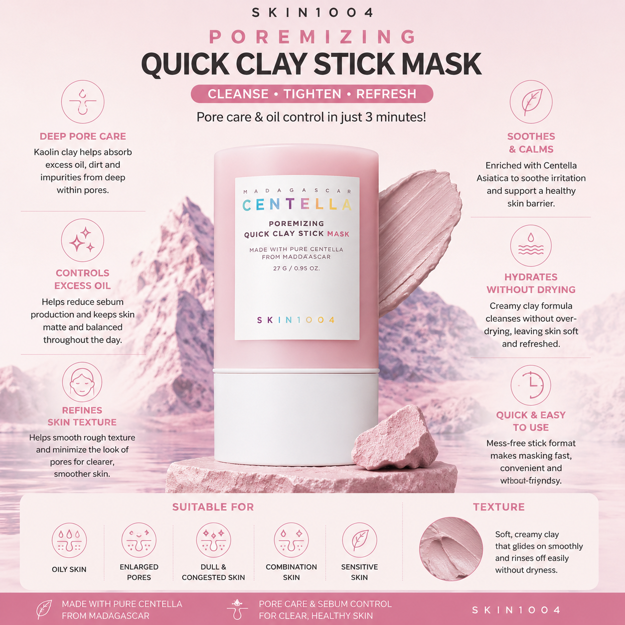 Infographic displaying the main benefits of SKIN1004 Madagascar Centella Poremizing Quick Clay Stick Mask, including deep pore care, oil control, and skin texture refining.