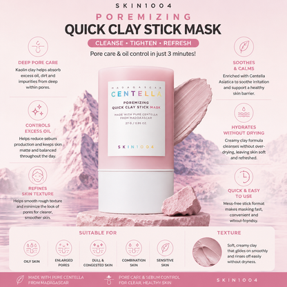 Infographic displaying the main benefits of SKIN1004 Madagascar Centella Poremizing Quick Clay Stick Mask, including deep pore care, oil control, and skin texture refining.