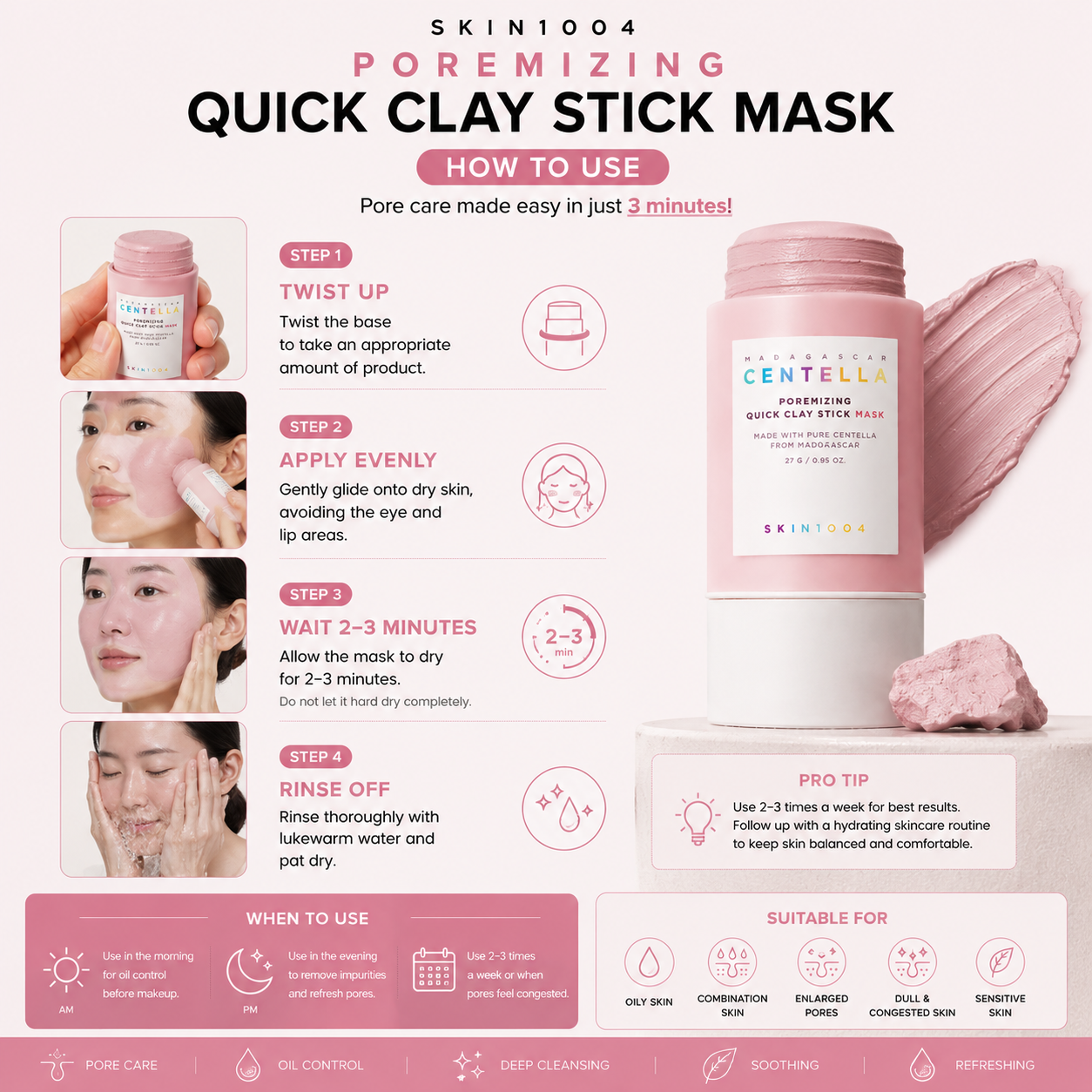 Infographic routine chart explaining how to use the SKIN1004 Madagascar Centella Poremizing Quick Clay Stick Mask in a simple 4-step process.