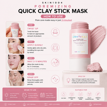 Infographic routine chart explaining how to use the SKIN1004 Madagascar Centella Poremizing Quick Clay Stick Mask in a simple 4-step process.
