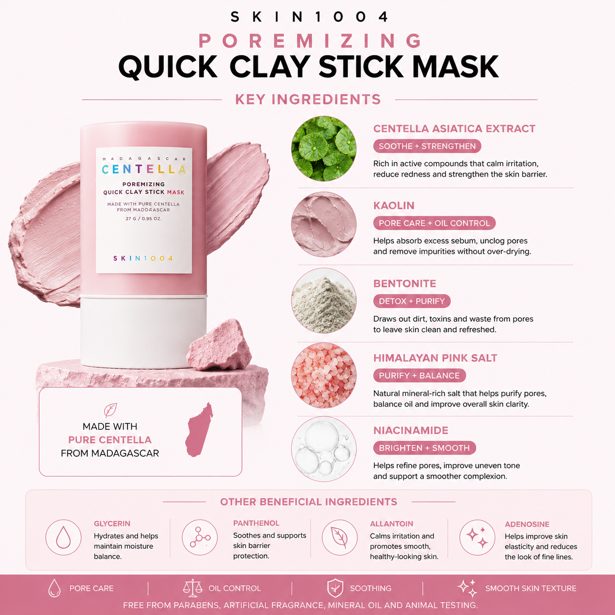 Infographic chart detailing the key ingredients of SKIN1004 Centella Poremizing Quick Clay Stick Mask, featuring Centella Asiatica, Kaolin, Bentonite, Himalayan Pink Salt, and Niacinamide.