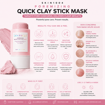 Infographic mapping skin concerns solved by SKIN1004 Centella Poremizing Quick Clay Stick Mask, including large pores, excess oil, and blackheads.