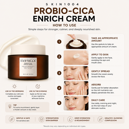A step-by-step skincare infographic for SKIN1004 Madagascar Centella Probio-Cica Enrich Cream outlining a 5-step application routine: take amount, apply to skin, gently spread, absorb, and daily care, complete with morning and evening instructions at the bottom.