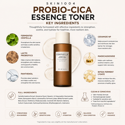 An ingredient infographic for SKIN1004 Madagascar Centella Probio-Cica Essence Toner listing six key ingredients including Fermented Centella, Lacto Probiotics, and Ceramide NP, with a comprehensive full ingredients list at the bottom.