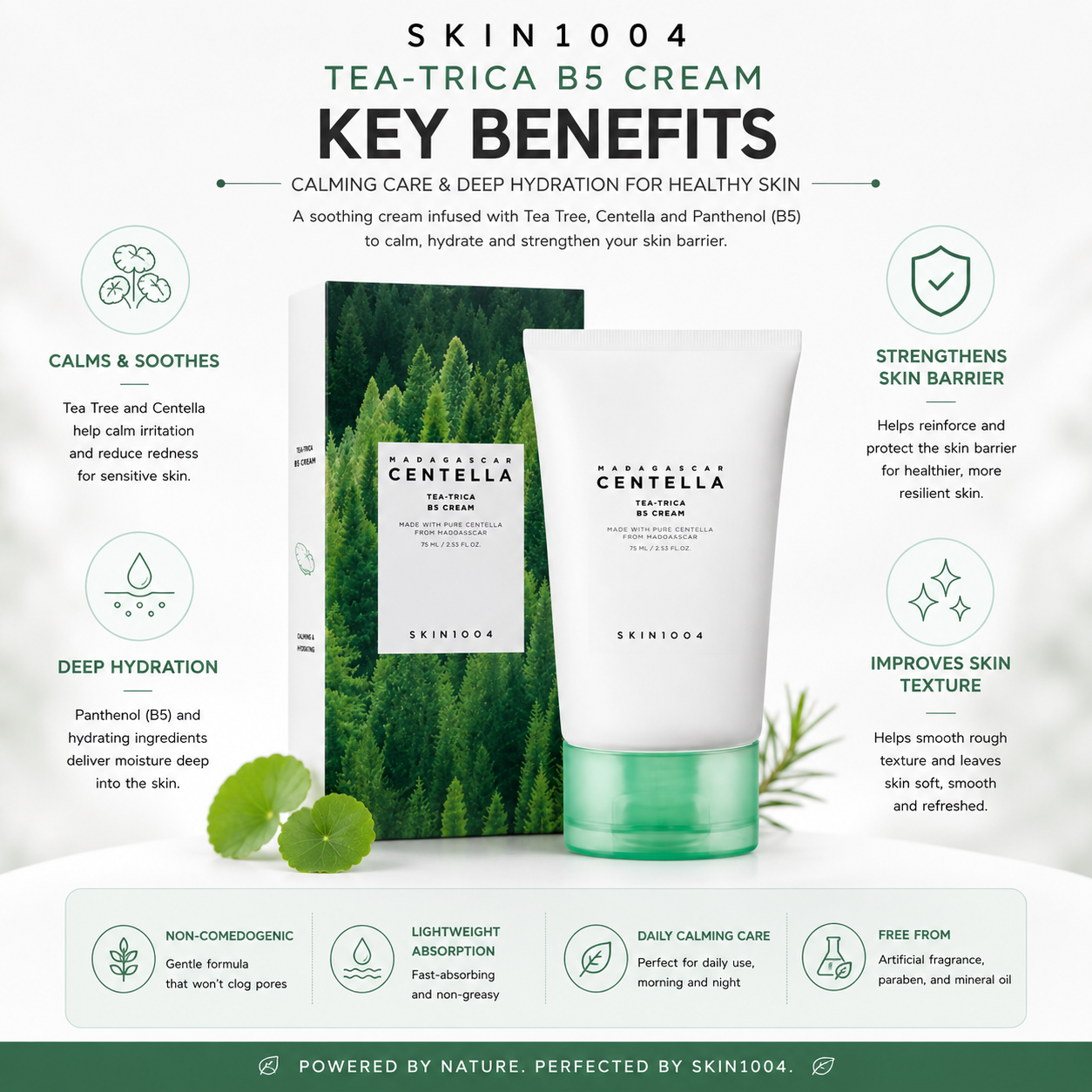 An educational infographic for SKIN1004 Madagascar Centella Tea-Trica B5 Cream highlighting key benefits like calming and soothing, strengthening skin barrier, deep hydration, and improving skin texture, displayed around the product packaging.