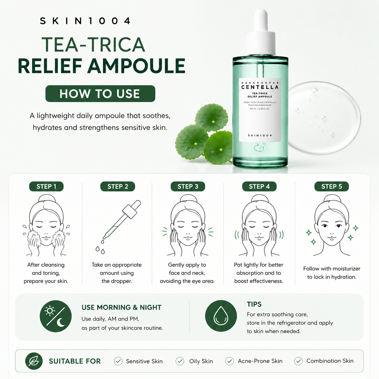 A step-by-step skincare infographic for SKIN1004 Madagascar Centella Tea-Trica Relief Ampoule detailing a five-step routine: cleanse, use dropper, gently apply, pat lightly, and follow with moisturizer, with a tips and skin compatibility section at the bottom.