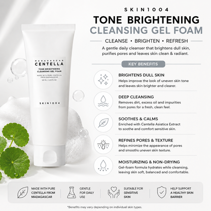 An educational infographic for SKIN1004 Madagascar Centella Tone Brightening Cleansing Gel Foam listing five key benefits including brightening dull skin, deep cleansing, and soothing sensitive skin, displayed next to a product tube, bubbles, and centella leaves.