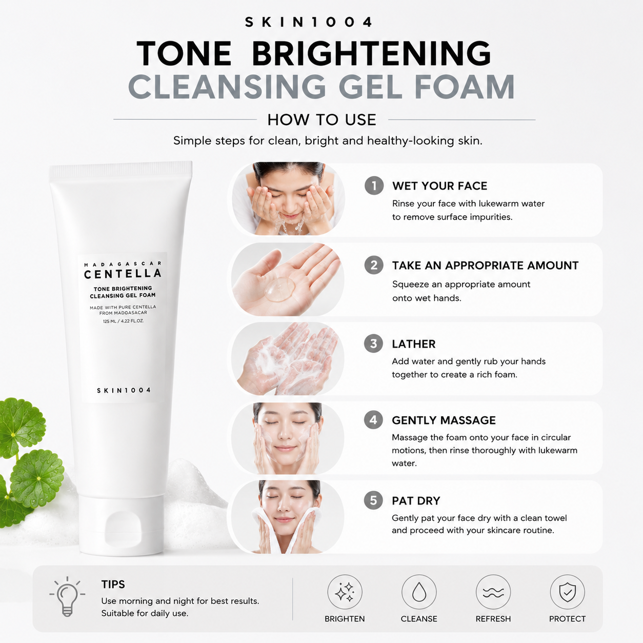 A step-by-step skincare infographic for SKIN1004 Madagascar Centella Tone Brightening Cleansing Gel Foam outlining a 5-step application routine: wet face, take amount, lather, gently massage, and pat dry, complete with usage tips at the bottom.