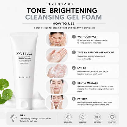A step-by-step skincare infographic for SKIN1004 Madagascar Centella Tone Brightening Cleansing Gel Foam outlining a 5-step application routine: wet face, take amount, lather, gently massage, and pat dry, complete with usage tips at the bottom.